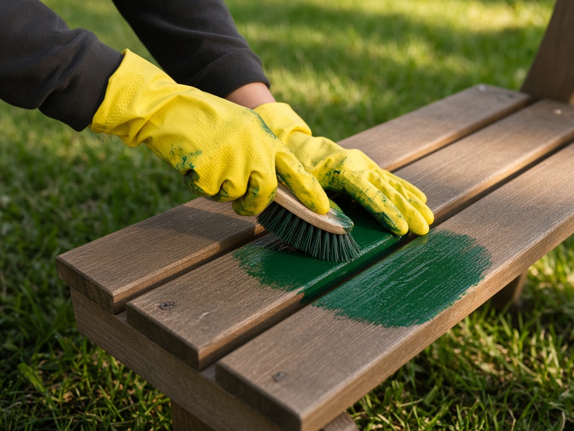 A wooden bench being stained green outdoors