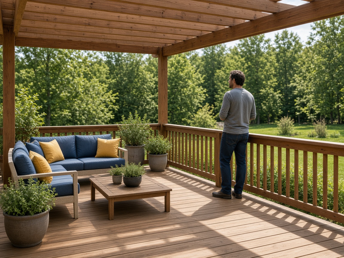 A cedar deck with blue and yellow cushions
