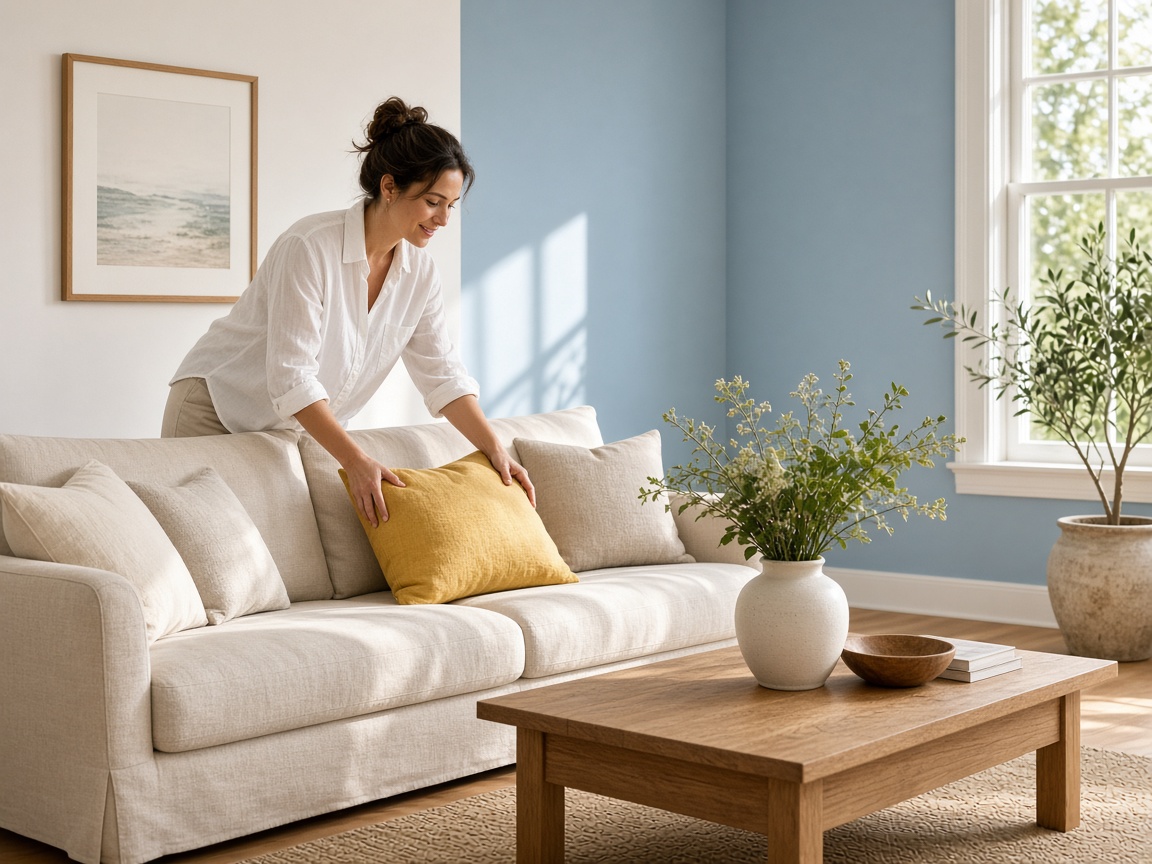 A sunlit living room with a blue accent wall