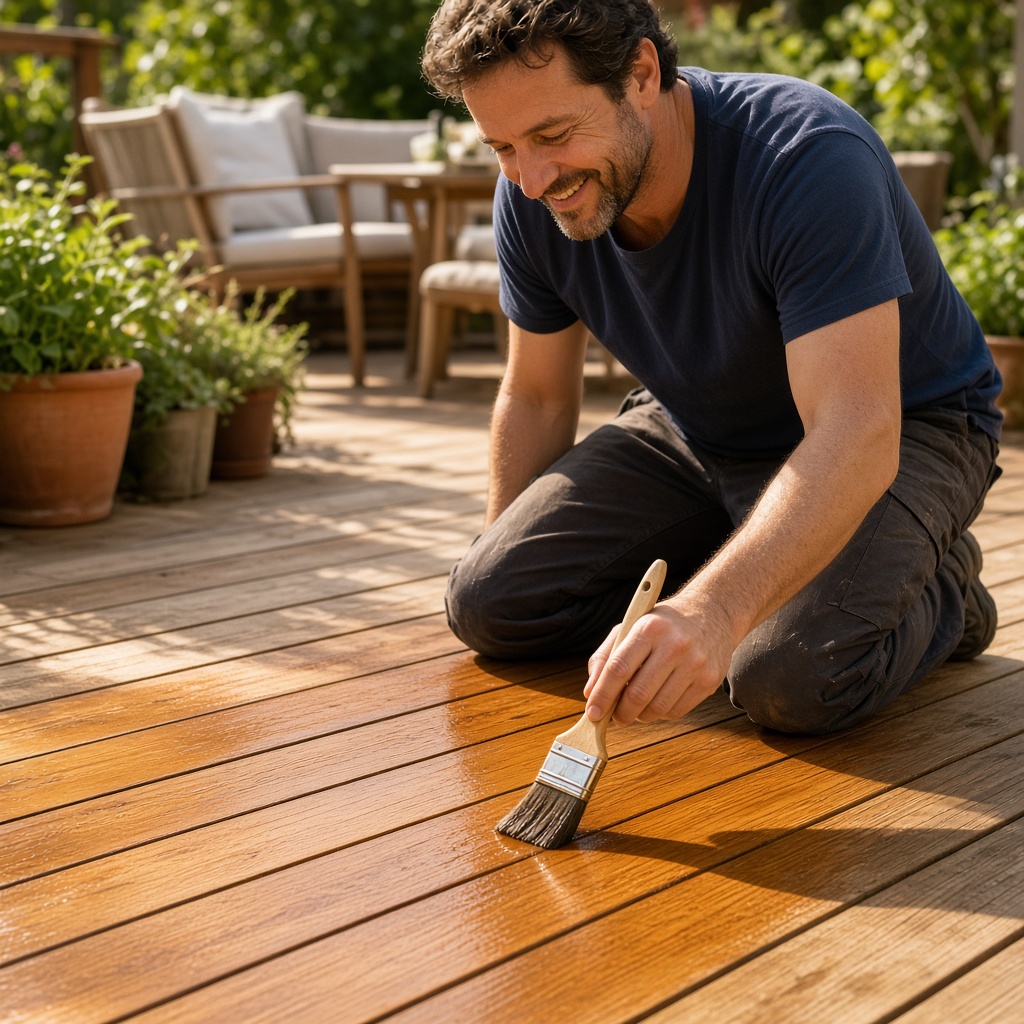 A craftsman oiling a sunny wooden deck
